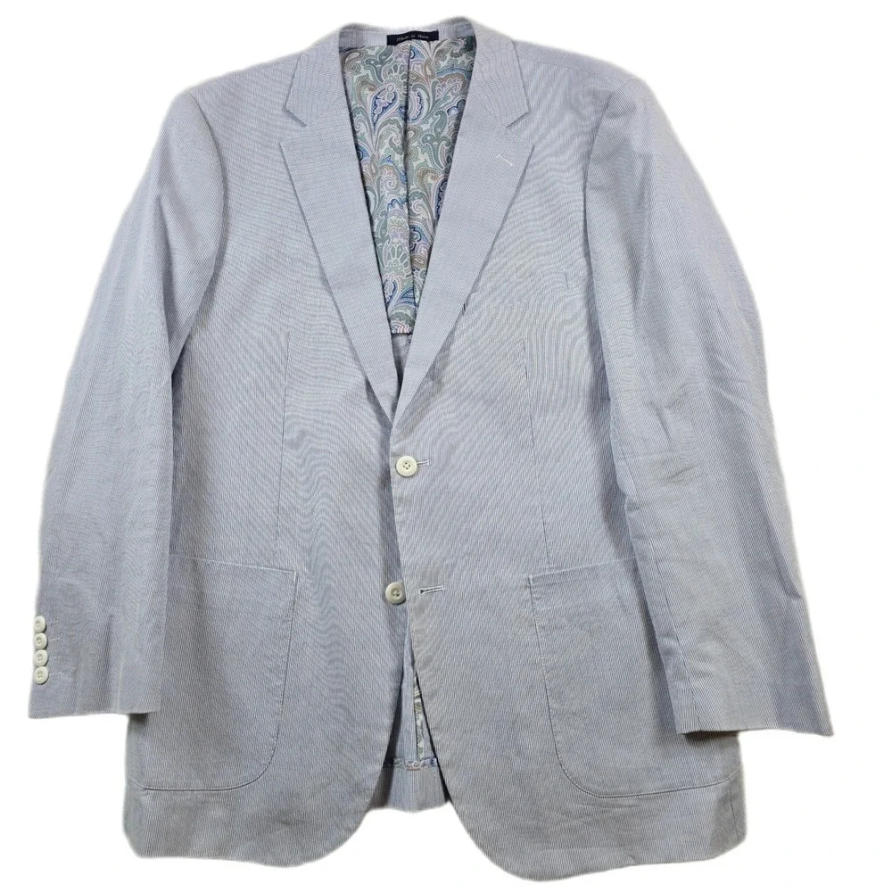 Alan‎ Flusser Seersucker Sport Coat Mens Large Blue White Paisley Lined Blazer